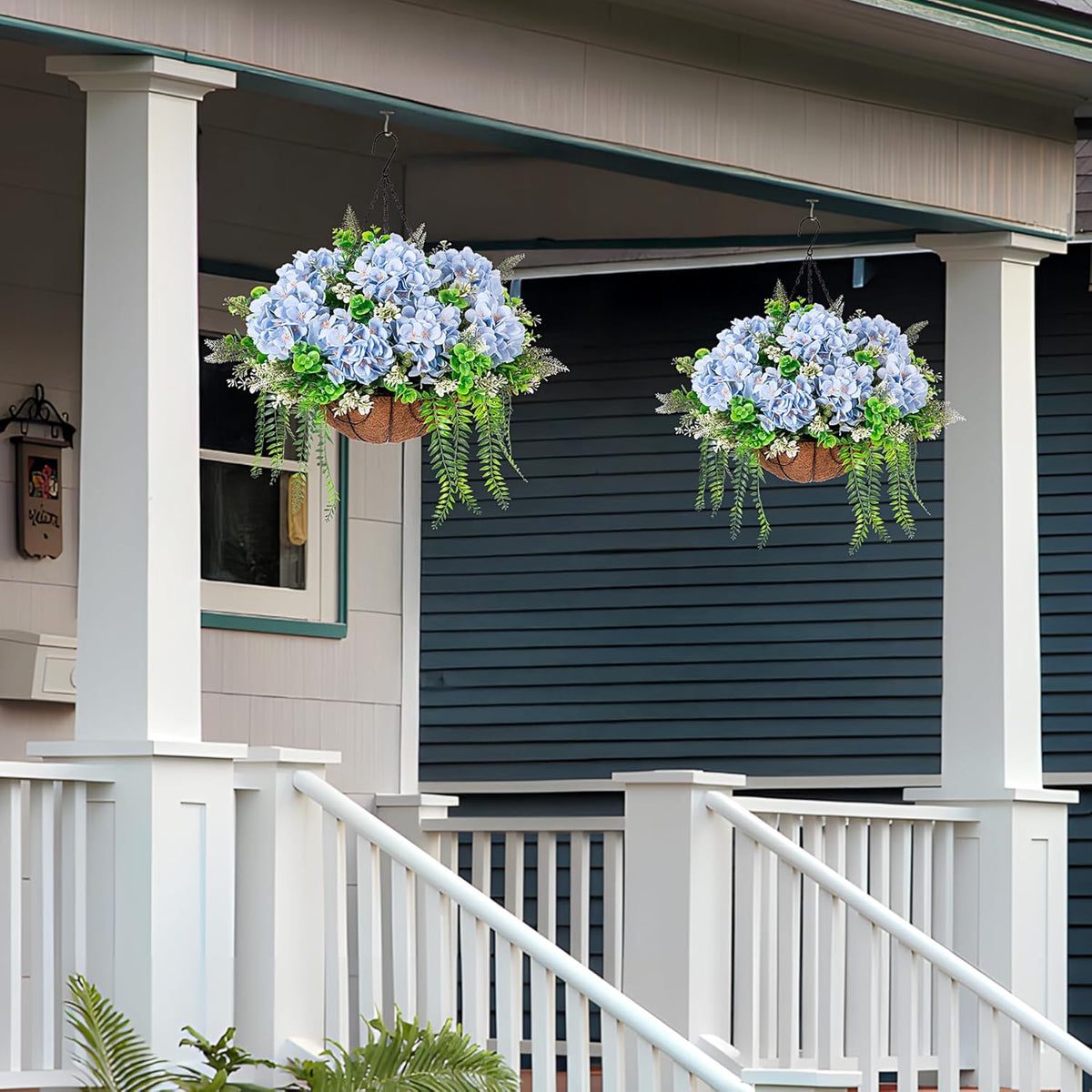 Artificial Hanging Hydrangea Flowers with Basket for Outdoor Spring Decoration, Fake Silk Hydrangea Flower Outdoor Indoor Arrangements, Fake Hanging Plants for Balcony Garden Yard Decor(Blue)