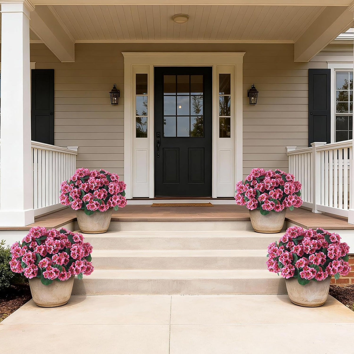2 Pack Artificial Geranium Flowers Topitary Trees for Outdoors, UV Resistant Geraniums Potted Bushes Look Real Silk Faux Plants for Front Door Garden Porch Planter Farmhouse Home Decor (Peach Red)