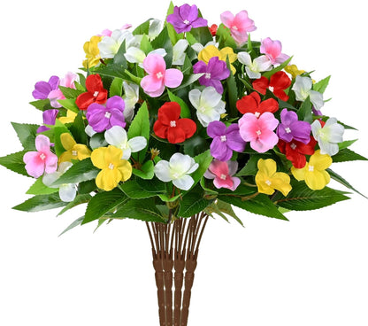 Waipfaru 5 Pcs Artificial Flowers for Outdoors, UV Resistant Faux Flowers for Outdoor Planters, Silk Impatiens Bouquet Mix Color Spring Artificial Plants for Garden Porch Patio Balcony Yard