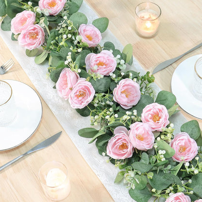 TOCHGREEN 2 Pack 13Ft Artificial Eucalyptus Flower Garland with Pink Roses, Fake Rose Flower Greenery Garland Floral Vines for Wedding Home Party Table Runner Decor (4PCS, Pink)
