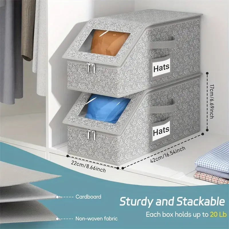 Stackable Hat Storage Boxes for Baseball Caps, Holds Up to 24 Hats, Durable Wardrobe Organizer