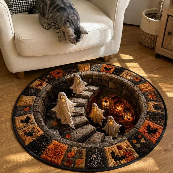 3D Haunted Staircase Round Rug - Spooky Optical Illusion Halloween Floor Carpet