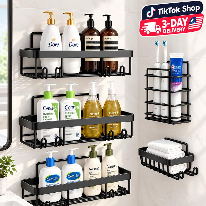 5-Pack Modern Matte Black Self-Adhesive Shower Caddy Set - No-Drill Stainless Steel Storage