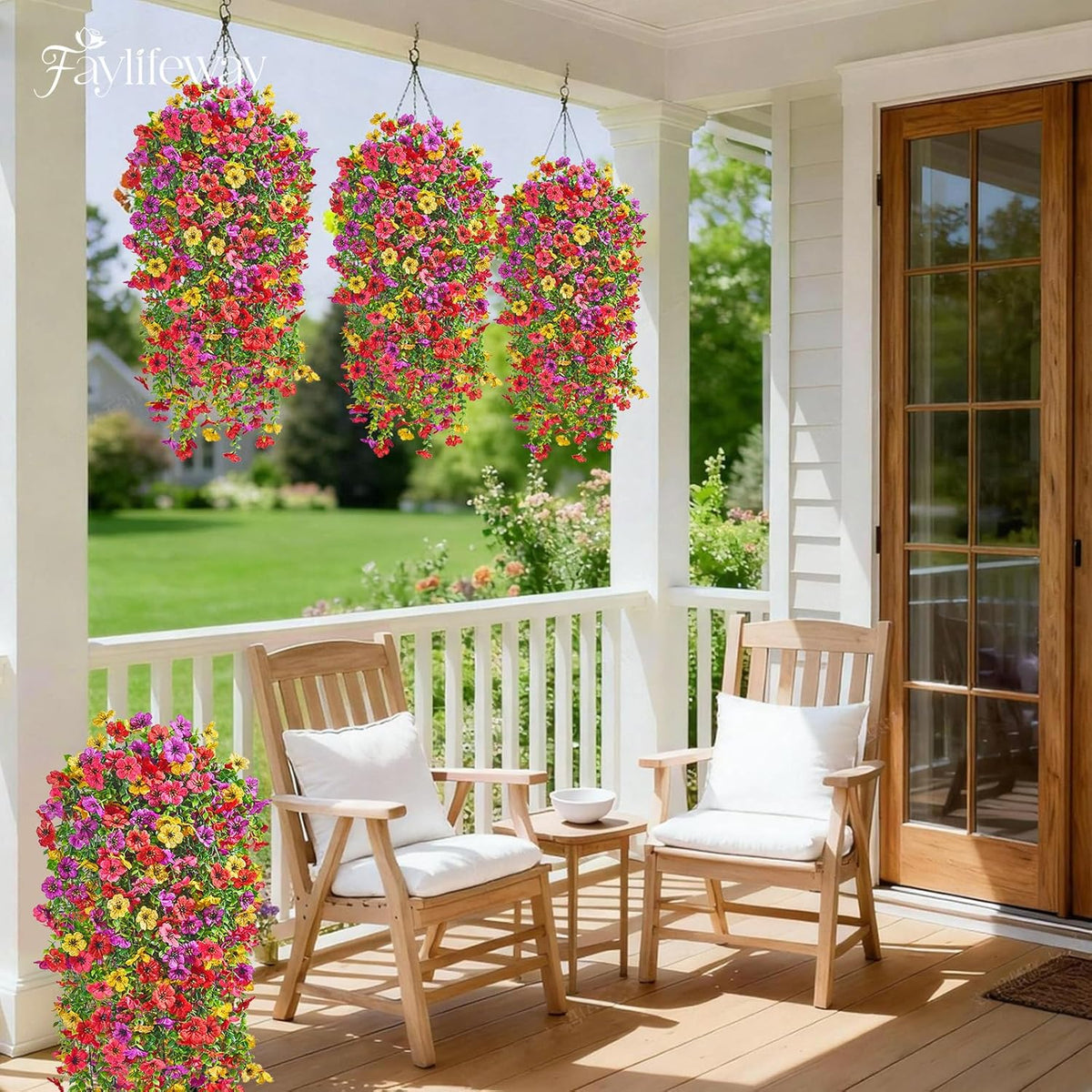 Artificial Hanging Flowers for Outdoors, 4 Pcs UV Resistant Artificial Outdoor Flowers, Silk Flowers for Outside Patio Porch Front Yard Window Garden Indoor Decor (Spring Color, 4 Pcs)