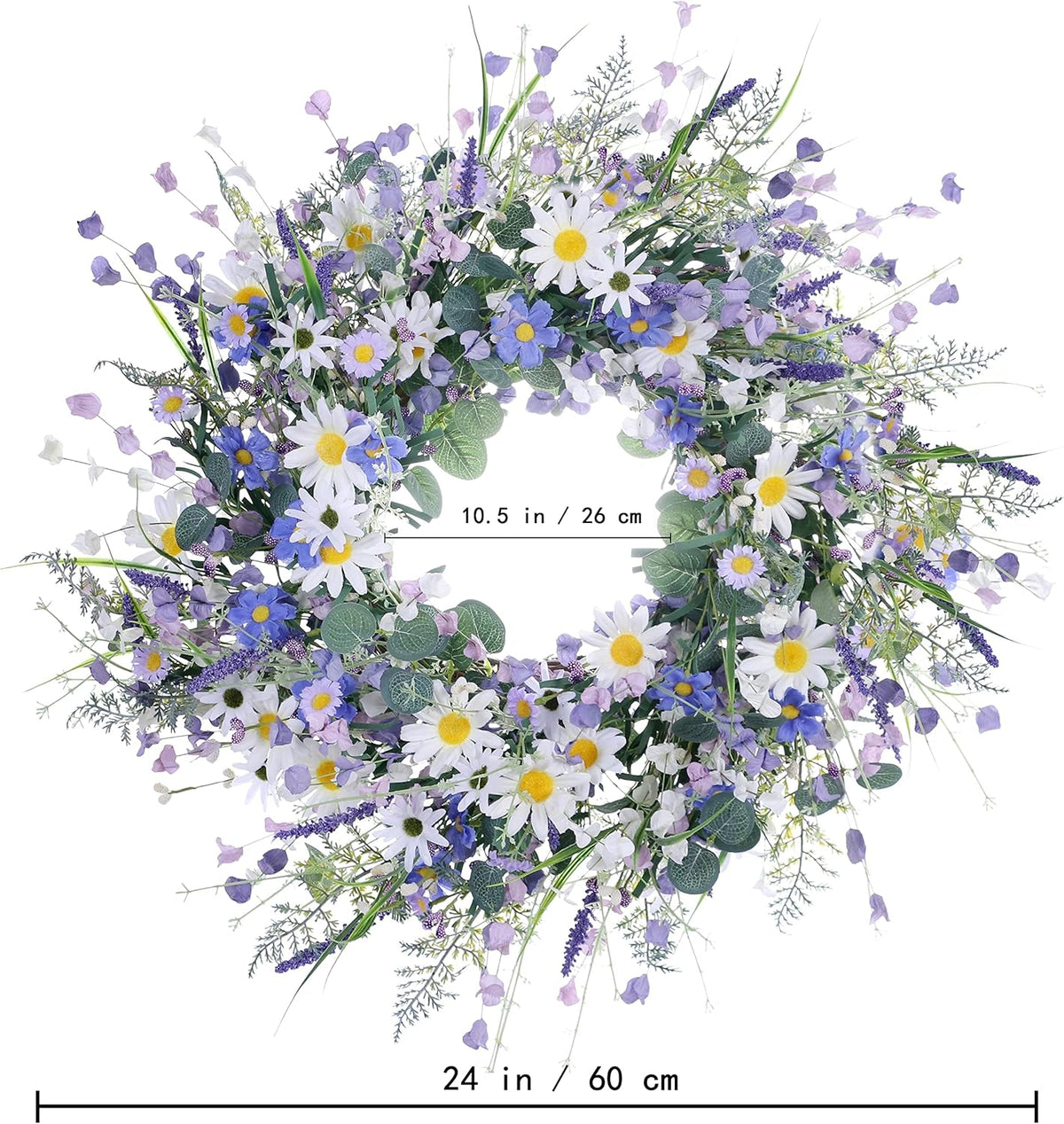 24 Inches Spring Wreaths for Front Door Blue Spring Door Wreath Summer Floral Wreath with Wildflower White Sunflower for Porch Indoors Outdoor Window Home Decorations