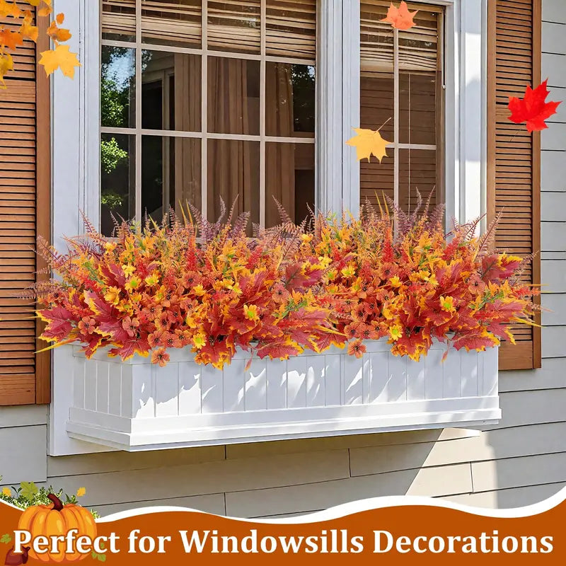 24-Bundle 6-Style Artificial Faux Plants Decorative Fall Flowers, UV-Resistant Orange Mums and Maple Leaves
