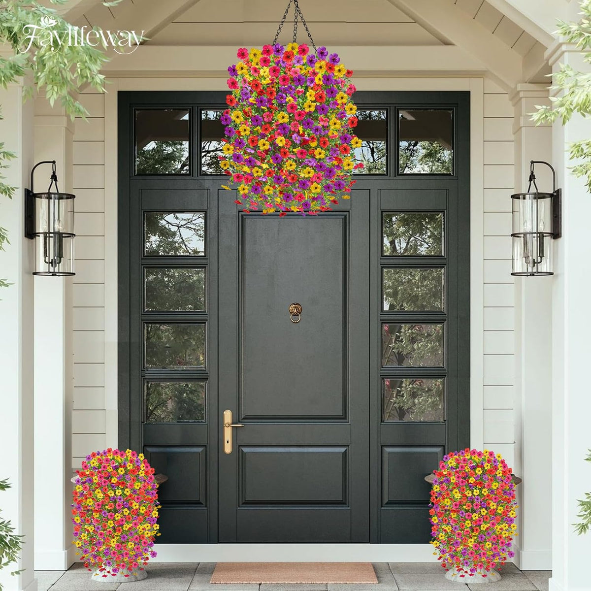 Artificial Hanging Flowers for Outdoors, 4 Pcs UV Resistant Artificial Outdoor Flowers, Silk Flowers for Outside Patio Porch Front Yard Window Garden Indoor Decor (Spring Color, 4 Pcs)