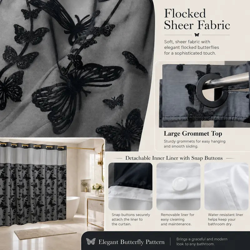 Hook-Free Double-Layer Butterfly Flocked Shower Curtain with Mesh Top Window, 71 x 74 in