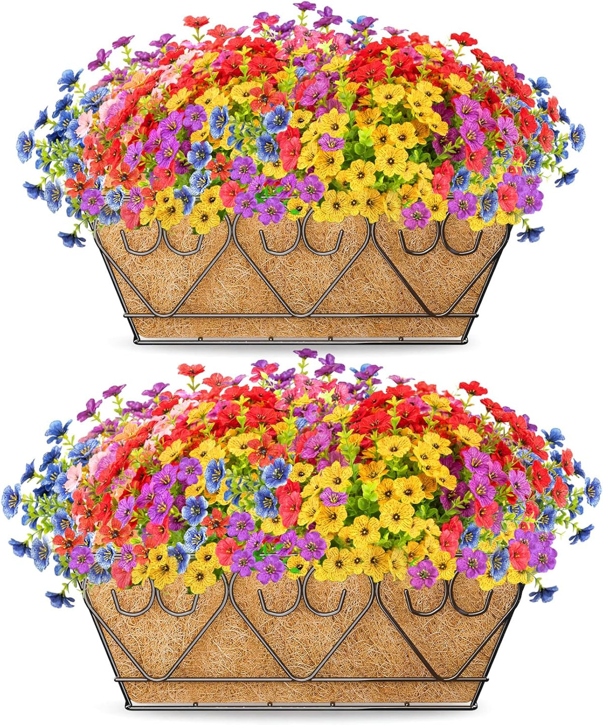 ZeeDix Railing Planter Boxes with Artificial Flowers, 2 Pack 16 Inch Window Box Planter with 24 Pack Fake Flowers for Deck Porch Patio Balcony Garden Home Decor