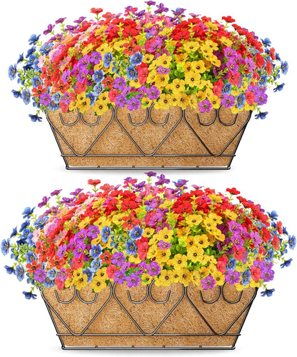 ZeeDix Railing Planter Boxes with Artificial Flowers, 2 Pack 16 Inch Window Box Planter with 24 Pack Fake Flowers for Deck Porch Patio Balcony Garden Home Decor