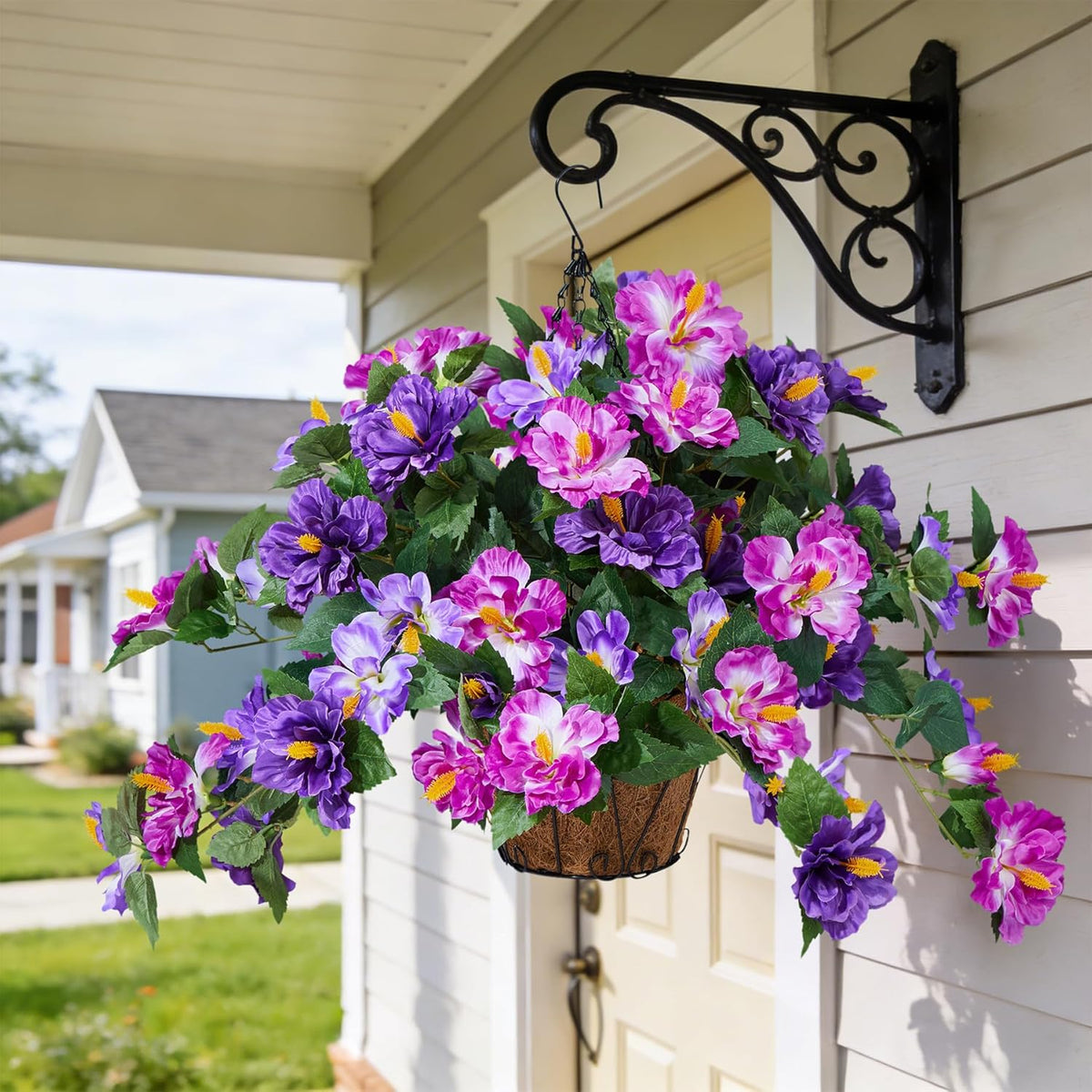 INXUGAO Artificial Flowers for Outdoors Indoors, 3 Bunches Fake Hibiscus with Hanging Basket Realistic UV Resistant Silk Flower Leaves, Faux Plant for Outside Home Patio Garden Poch (Purple, Fuchsia)