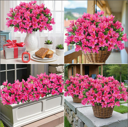 Ouddy Decor 8 Bundles Artificial Flowers for Outdoors, Fake Silk Flowers Azalea Plants UV Resistant for Summer Front Door Planter Garden Patio Window Box Balcony Walkway Home Decor, Fuchsia