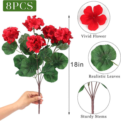 8 Bundles18" Artificial Geranium Flowers for Outdoor Spring Summer Decoration, Fake Silk Geranium Faux Plants UV Resistant for Front Door Planter Outside Home Garden Balcony Yard Porch Decor (Red)