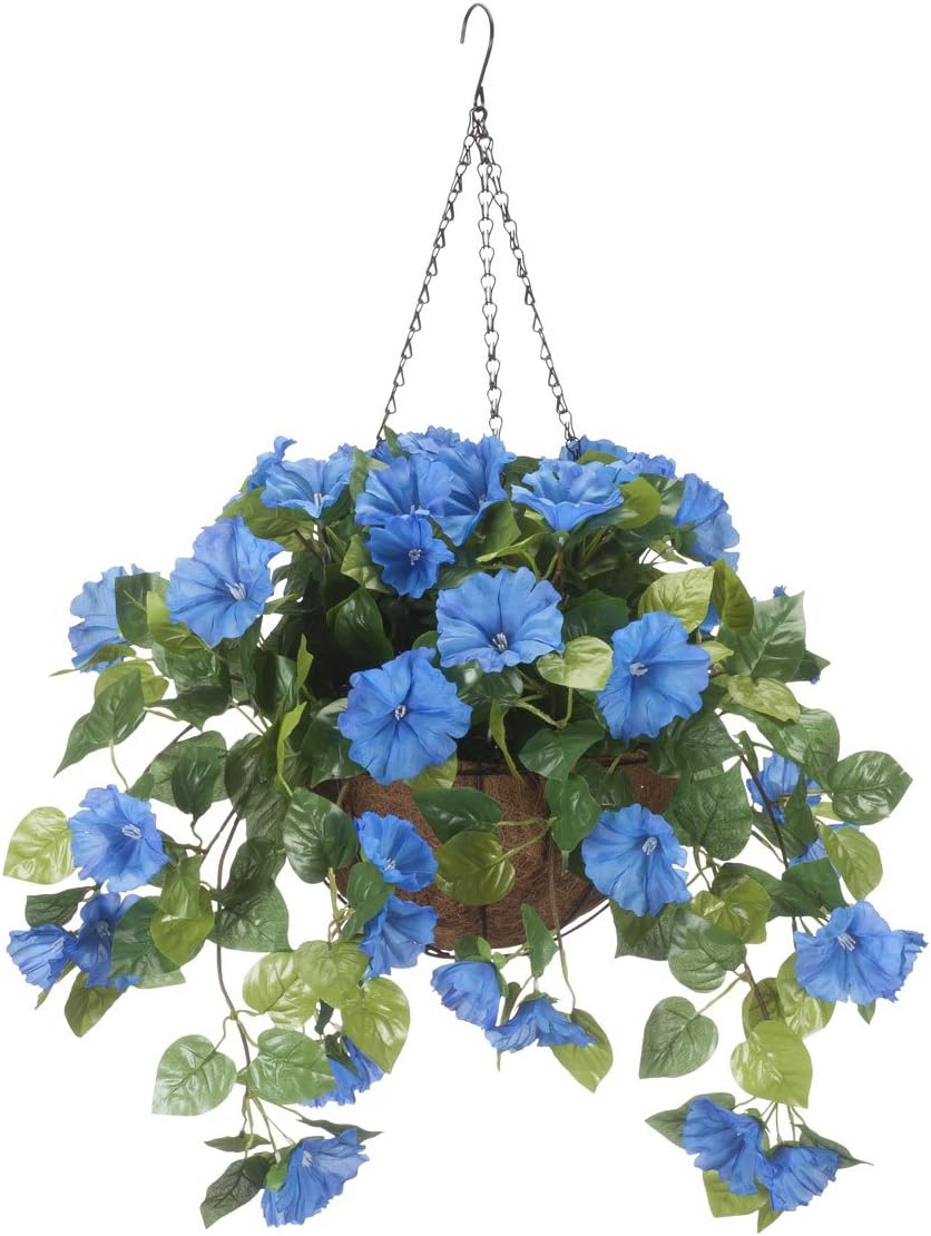 OakRidge Miles Kimball Fully Assembled Artificial Petunia Flower Hanging Basket, 10” Diameter and 18” Chain – Polyester/Plastic Flowers in Metal and Coco Fiber Liner Basket for Indoor/Outdoor Use