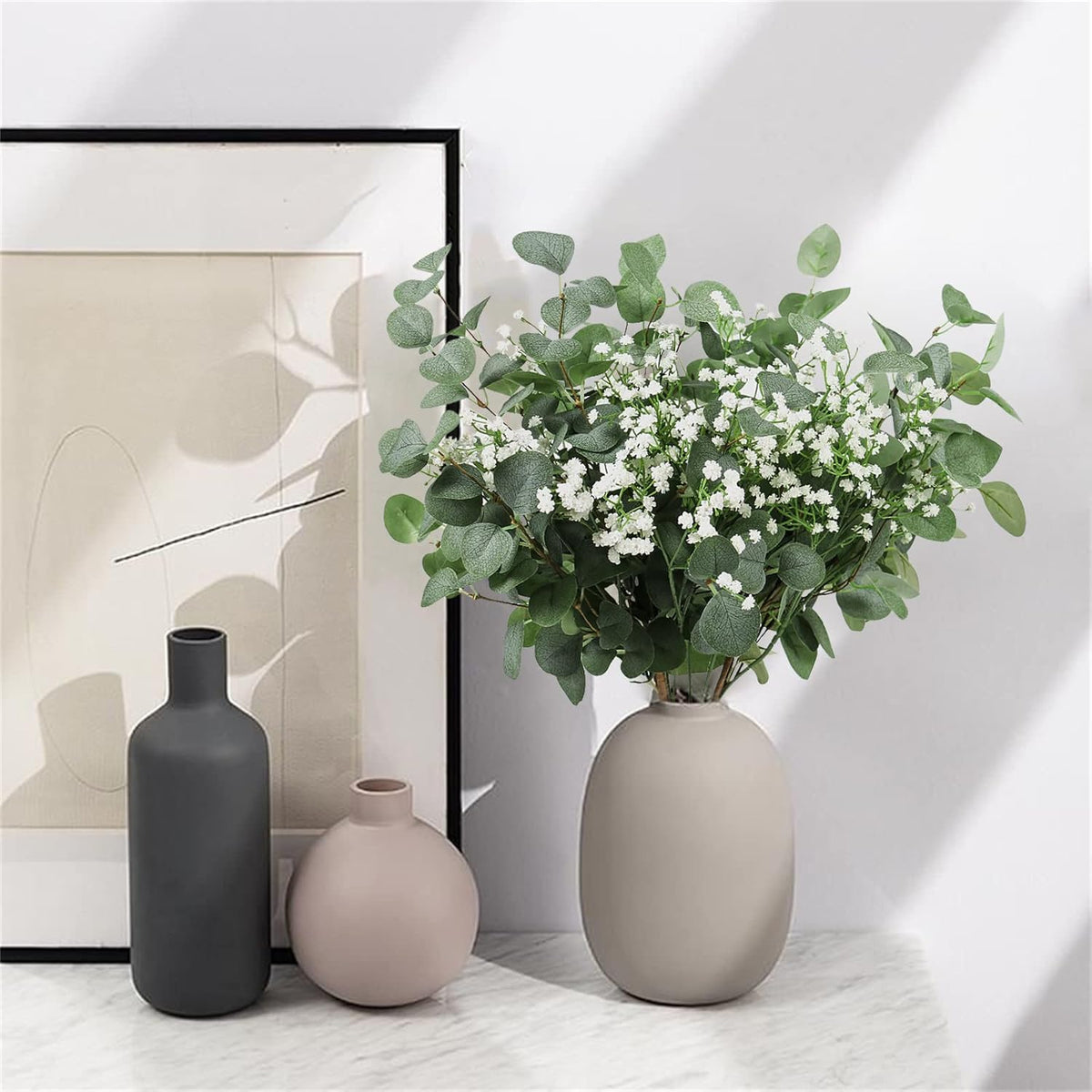 Beferr 5 Pcs Eucalyptus Stems & 6 Pcs Babys Breath Artificial Flowers Faux Greenery Bouquets for Wedding Table Centerpiece Home Decor