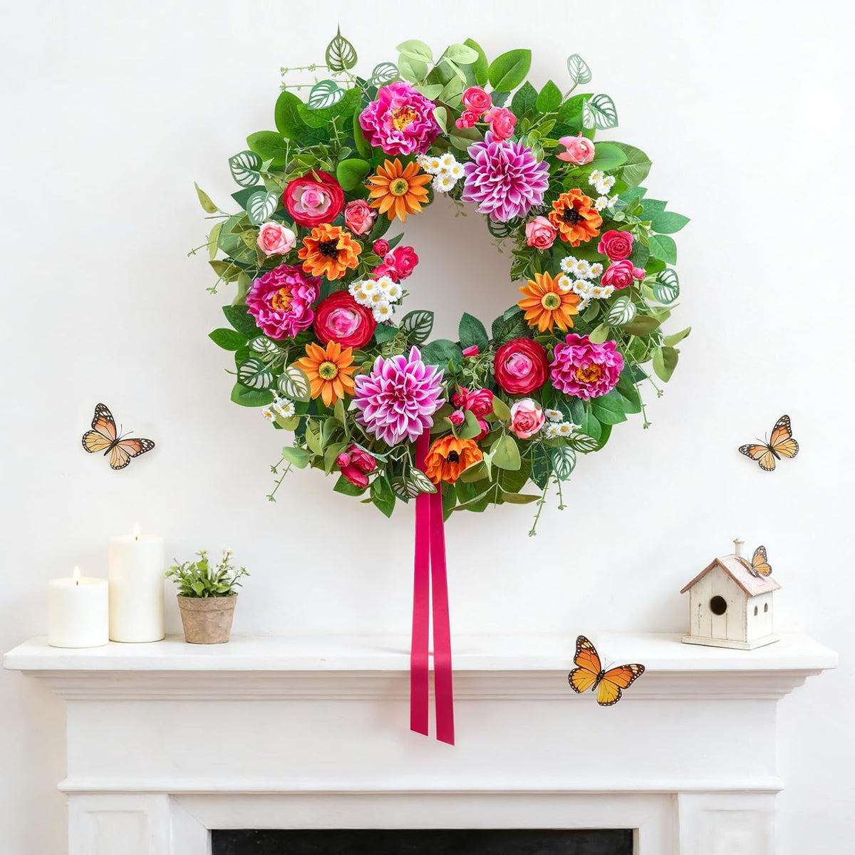 24 Inch Spring Summer Wreath for Front Door with Dahlia, Peony & Daisy Floral Decor