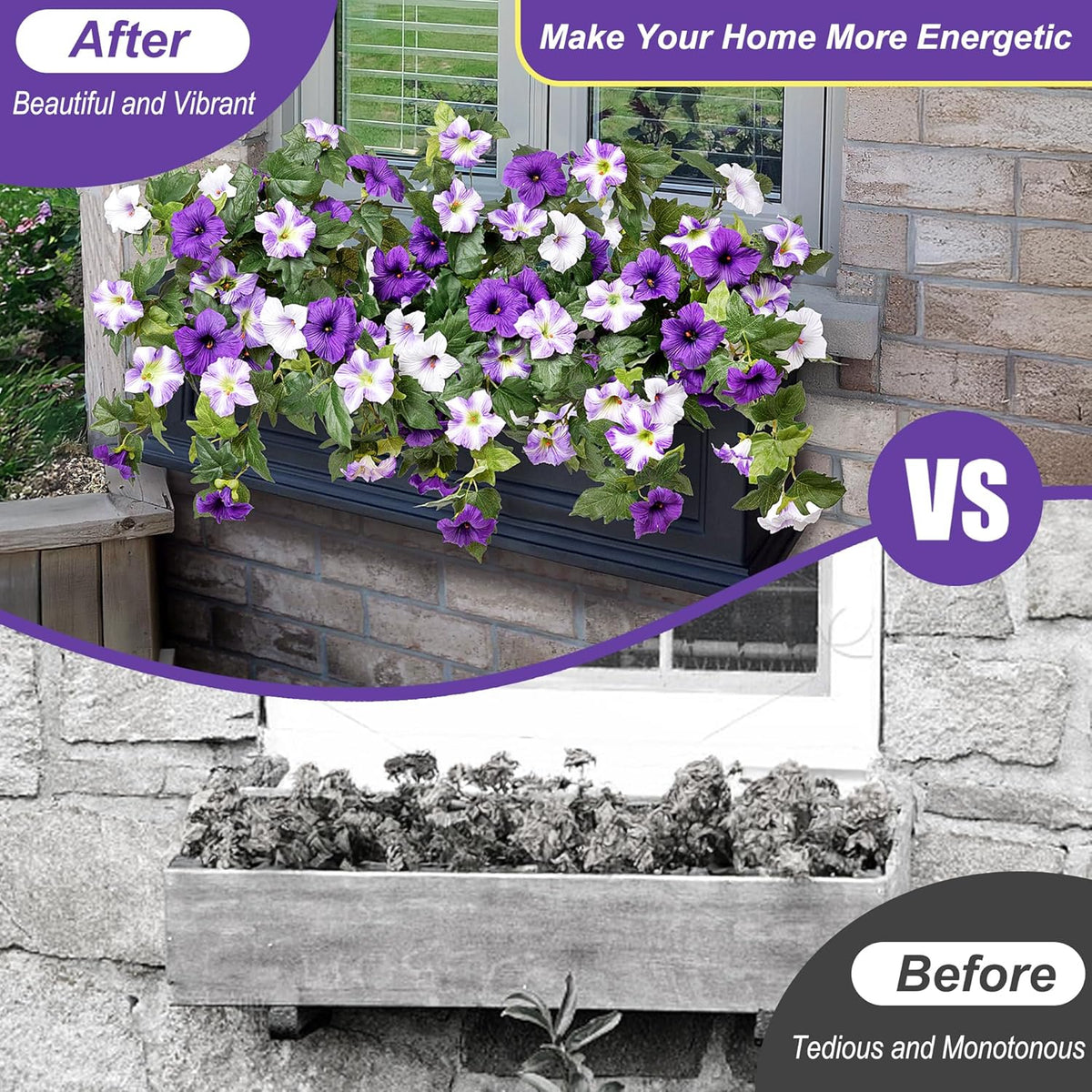 Artificial Fake Flowers Plants for Outdoor Decoration, 2PCS Faux Petunias Silk Flower UV Resistant No Fade for Home Outside Garden Balcony Yard Porch Realistic Indoor Decor (Purple White)