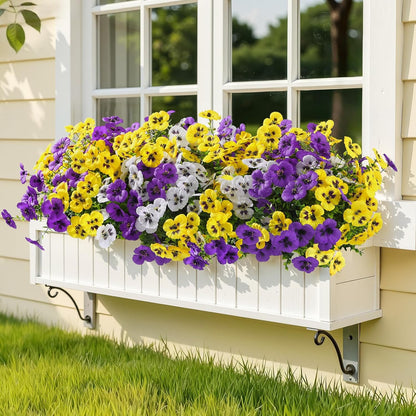 Alupssuc 24 Bundles Artificial Flowers for Outdoors, Fake Spring Flowers for Decoration, UV Resistant Realistic Pansies with Eucalyptus Silk Faux Flowers for Porch Patio Yard, Purple Yellow White
