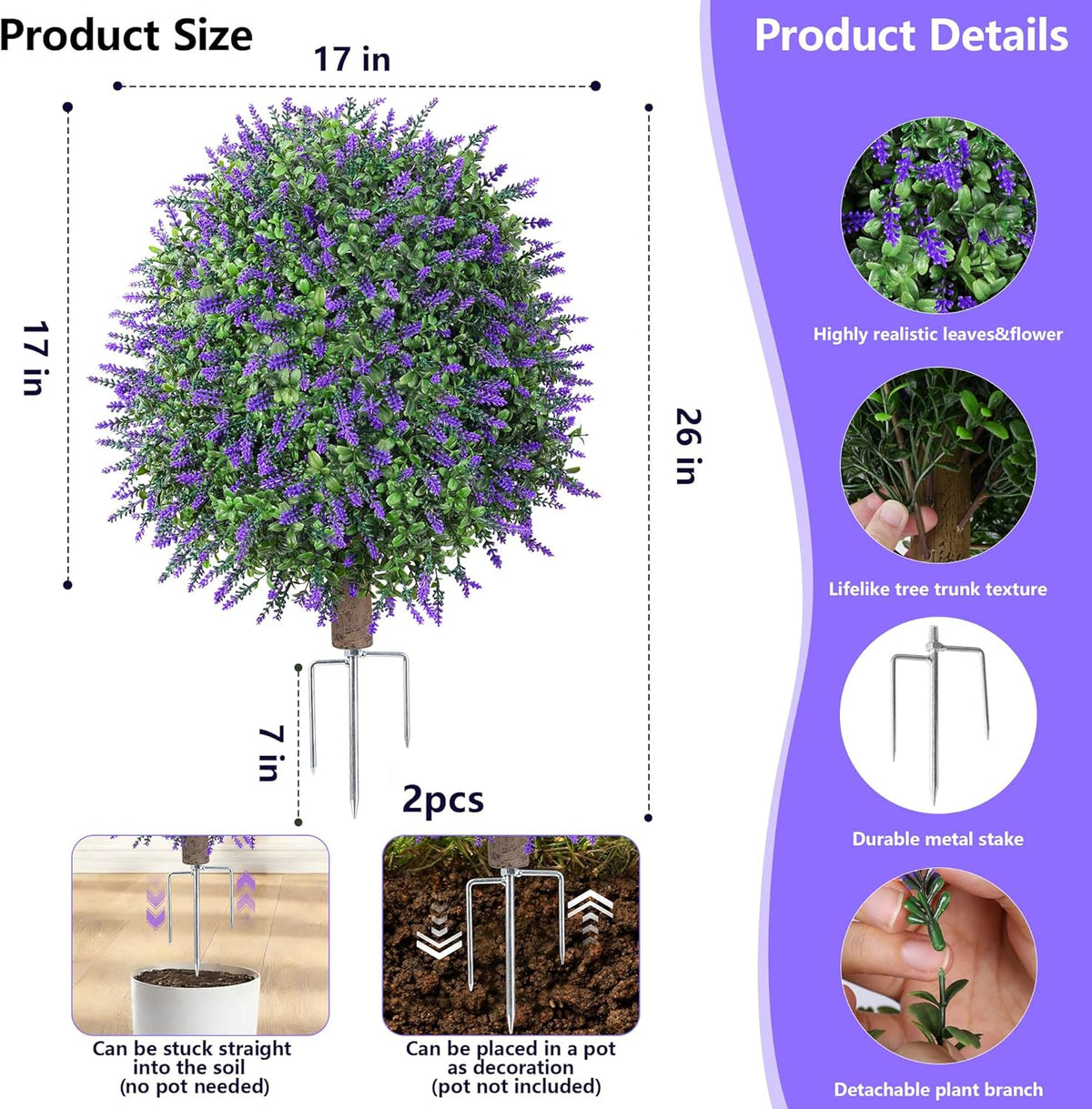 26" Artificial Boxwood Topiary Trees with Lavender Flowers 2 Pack Fake Plants for Outdoor Indoor Artificial Shrubs with Metal Ground Spike UV Resistant Fake Bushes for Front Porch Garden, Purple