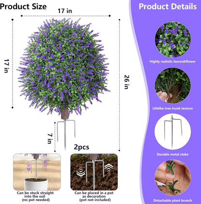 26" Artificial Boxwood Topiary Trees with Lavender Flowers 2 Pack Fake Plants for Outdoor Indoor Artificial Shrubs with Metal Ground Spike UV Resistant Fake Bushes for Front Porch Garden, Purple