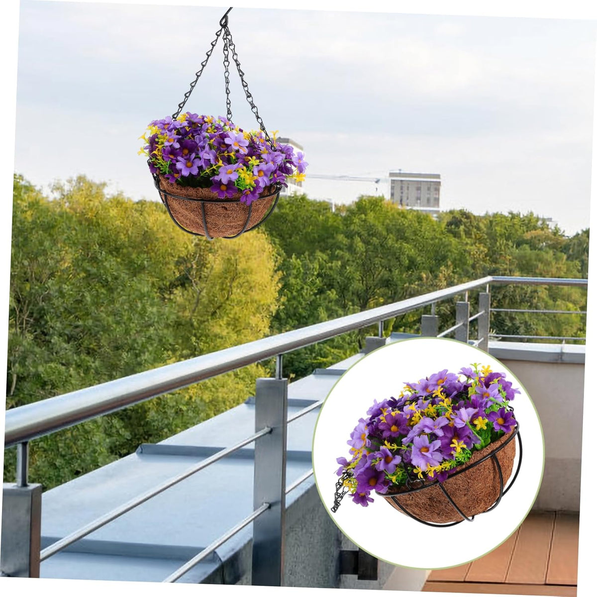 Outdoor Hanging Basket Purple Artificial Flowers Faux Plant in Pot Iron Hanging Flower Garland for Porch