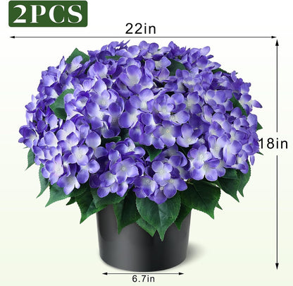 FOTEEWL Artificial Hydrangea Flower Topiary Trees - 2 Sets Faux Silk Flower Potted Plant, UV Resistant Fake Outdoor Hydrangea Bush for Front Door, Farmhouse, Garden, Porch Decor (Purple)