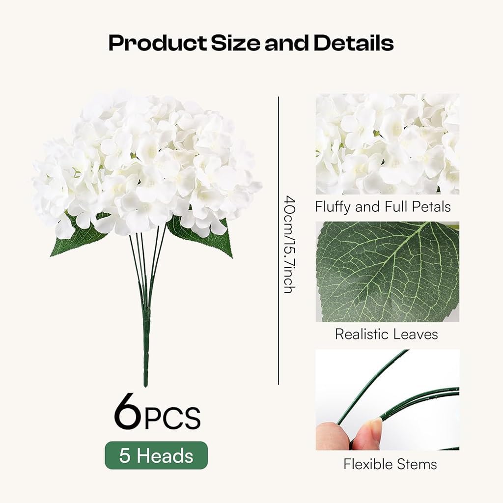 UV Resistant Hydrangeas 6 Bundles with 30 Heads Artificial Faux Silk Flowers for Garden Porch Yard Window Box Wedding Decoration Bush for Outdoor Front Door Garden Decor Potted Topiary