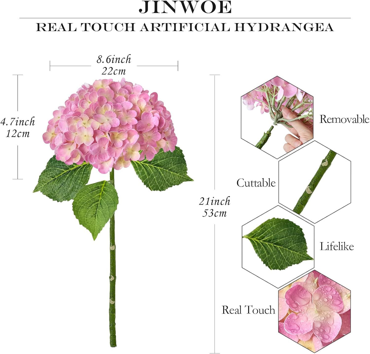 3 Pcs 21" Pink Real Touch Fake Hydrangea Flowers, Latex Full Lifelike Silk Artificial Hydrangeas Fake Flowers for Bouquet Table Centerpieces Spring Wedding Indoor Home