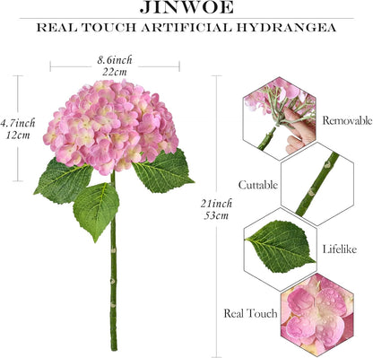 3 Pcs 21" Pink Real Touch Fake Hydrangea Flowers, Latex Full Lifelike Silk Artificial Hydrangeas Fake Flowers for Bouquet Table Centerpieces Spring Wedding Indoor Home