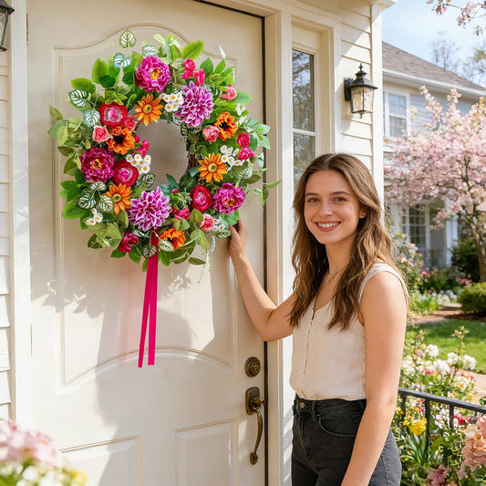 24 Inch Spring Summer Wreath for Front Door with Dahlia, Peony & Daisy Floral Decor