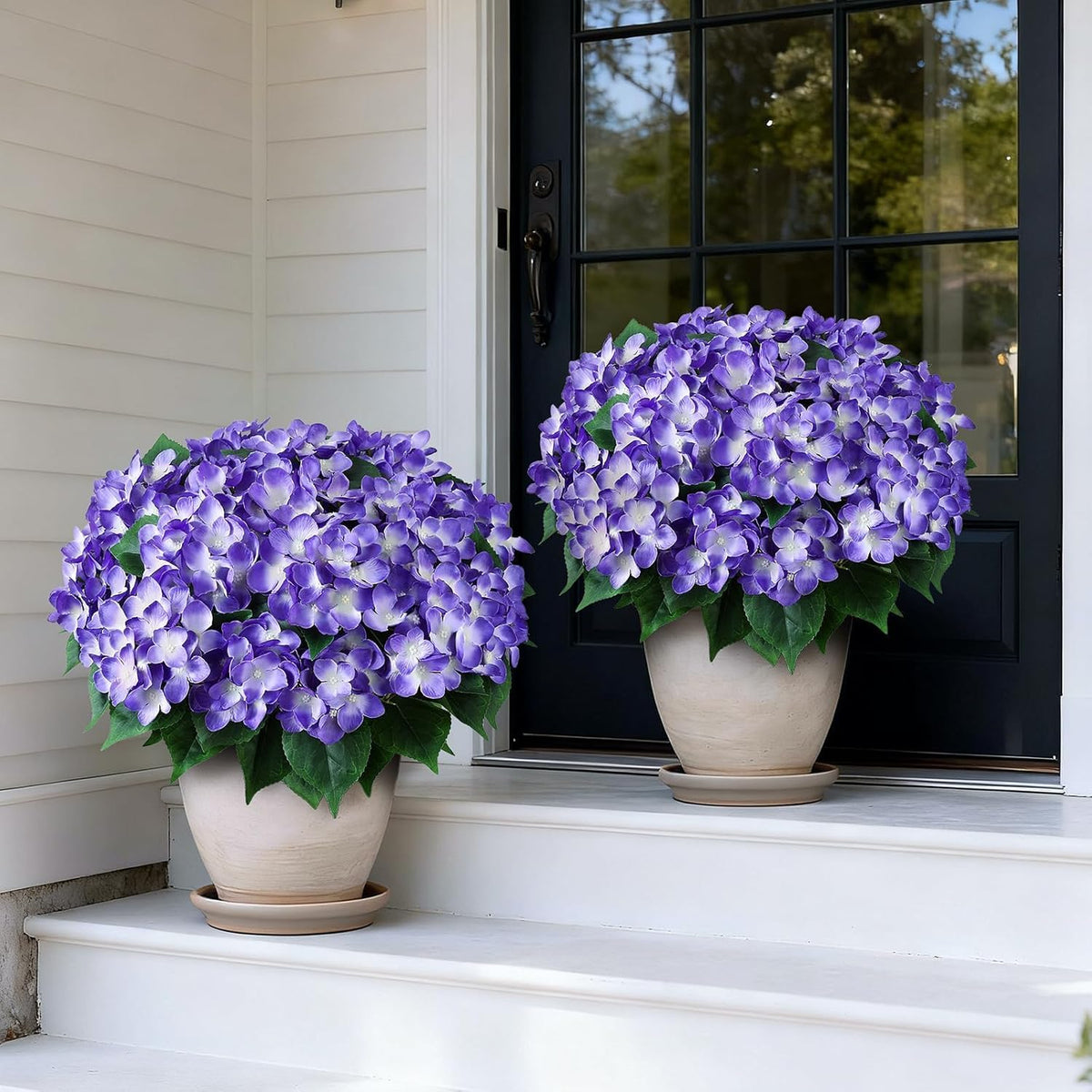 FOTEEWL Artificial Hydrangea Flower Topiary Trees - 2 Sets Faux Silk Flower Potted Plant, UV Resistant Fake Outdoor Hydrangea Bush for Front Door, Farmhouse, Garden, Porch Decor (Purple)