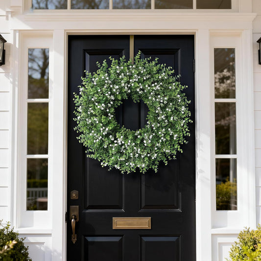 26" Artificial Eucalyptus Wreath with Baby's Breath for Front Door - Faux Eucalyptus Leaves, Fake Spring/Summer Greenery Flowers Wreath for Porch, Farmhouse, Wall, Window Outdoor Decor(White-Green)