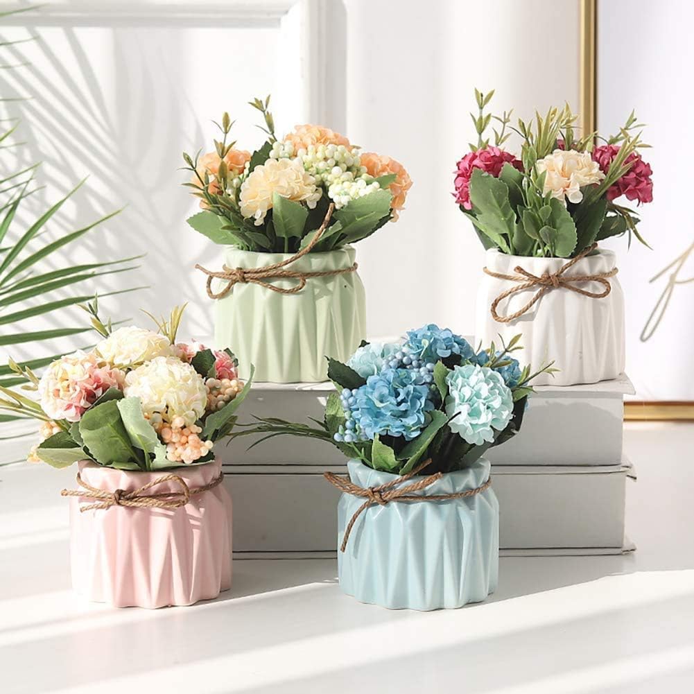 Artificial Flower Plants – Mini Fake Hydrangea Flowers in Pot for Home Decor Party Wedding Office Patio Table Desk Decoration, Set of 4, Size: 3.3"(Diameter) x 5.5"(Tall)