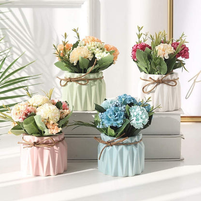 Artificial Flower Plants – Mini Fake Hydrangea Flowers in Pot for Home Decor Party Wedding Office Patio Table Desk Decoration, Set of 4, Size: 3.3"(Diameter) x 5.5"(Tall)