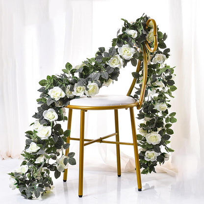 Flower Garland Rose Vine 4Pcs 28FT Artificial Floral Garland with Green Leaves Hanging Rose Vine for Wedding Party Garden Home Wall Decor (White)