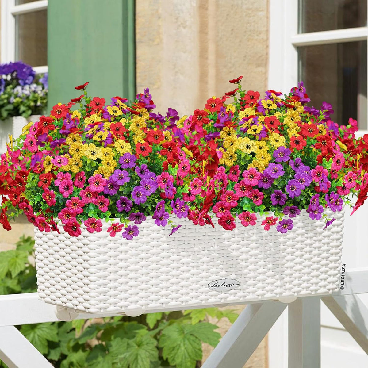 Artificial Flowers for Outdoors, Fake Faux Plants Outside Realistic Spring Summer Decor, UV Resistant Silk Flowers for Home Porch Garden (12, Purple Red Yellow Hot Pink)