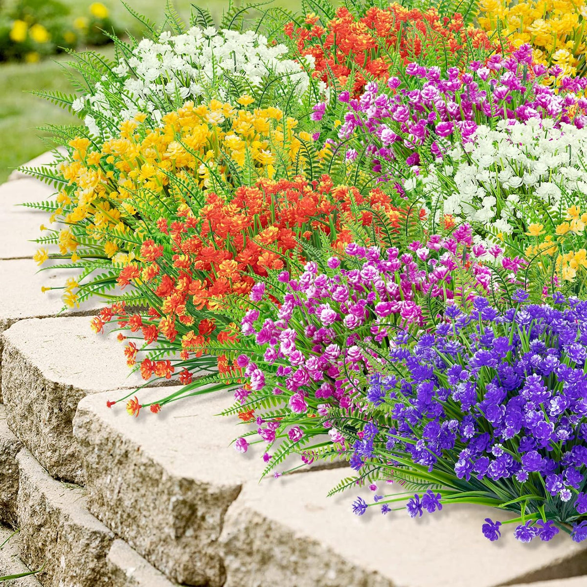 Ouddy Decor 12 Bundles Artificial Flowers for Outdoors UV Resistant Fake Plastic Plants Faux Boston Fern Greenery Stems for Spring Summer Indoor Garden Patio Window Box Kitchen Home Decor, Mixedcolor