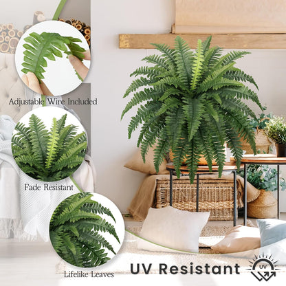 FOREST PRINCE 35" Fake Ferns, 4 Large Artificial Bonston Ferns Bushes Plants with 39 Fronds for Outdoors Garden Patio Porch Entrance Low Maintain Home Decor