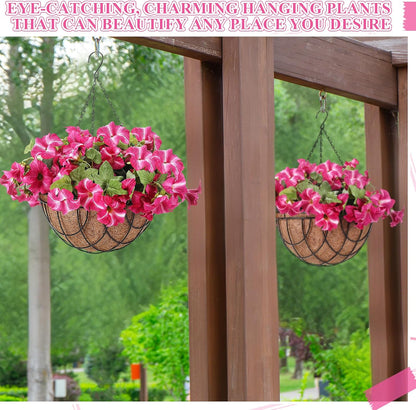 2 Pack Artificial Hanging Flowers in Basket for Spring Summer Outdoor Decor Fake Hanging Plant Faux Petunias Flower with 12 inch Coconut Lining Basket for Patio Garden Porch Home (Fuchsia)
