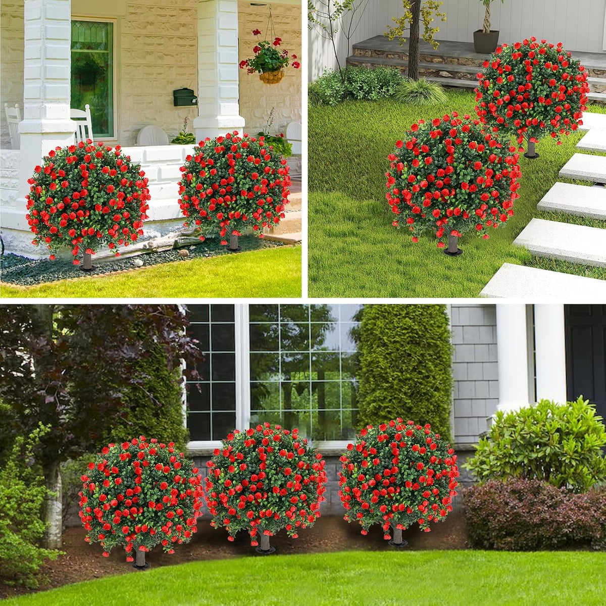 Artificial Red Rose Topiary Ball Tree 25" with Ground Spike, Set of 2 Artificial Boxwood Bushes for Faux Shrubs, Fake Evergreen Faux Plant for Indoor Outdoor Porch Garden -UV Resistant–Fade-Proof