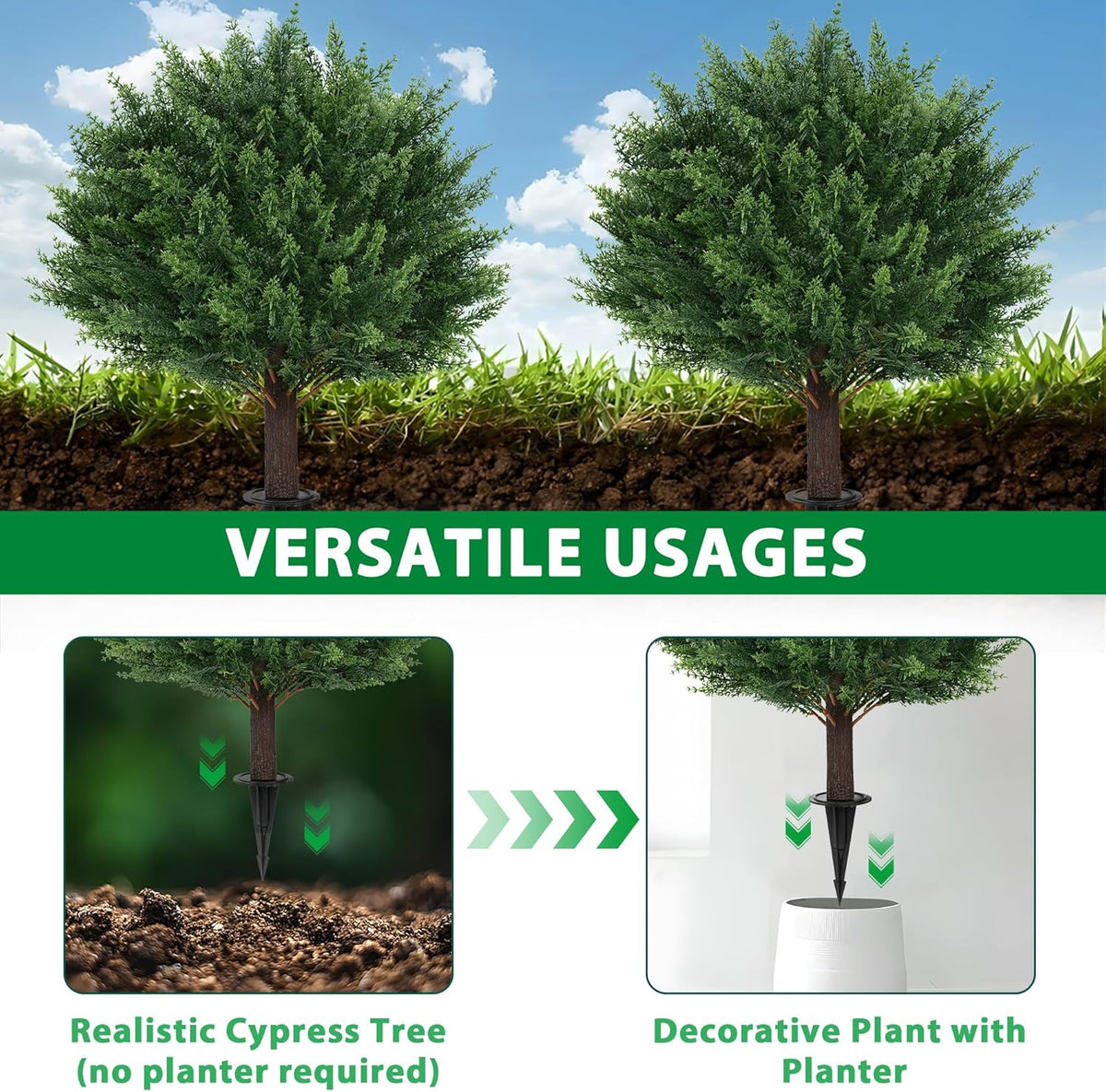 Artificial Cypress Topiary Tree with Ground Spike, Set of 2 Artificial Shrub Bushes, Fake Evergreen Tree for Porch, Artificial Plants for Outdoor Planters Indoor UV Resistant