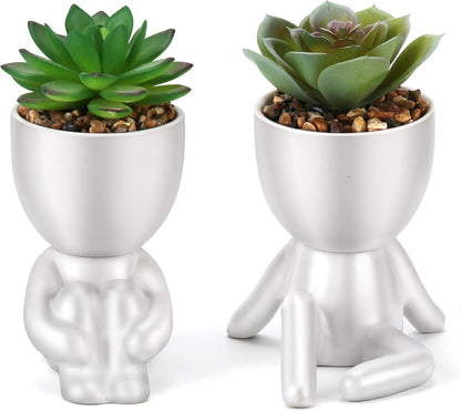 Fake Succulent, Mini Succulents Plants Artificial in White Modern Human Shaped Ceramic Pots Cute Desk Decor Pink Succulent for Office Decor for Women Girls, Desk Plant Cute Bathroom Decor 2PCS