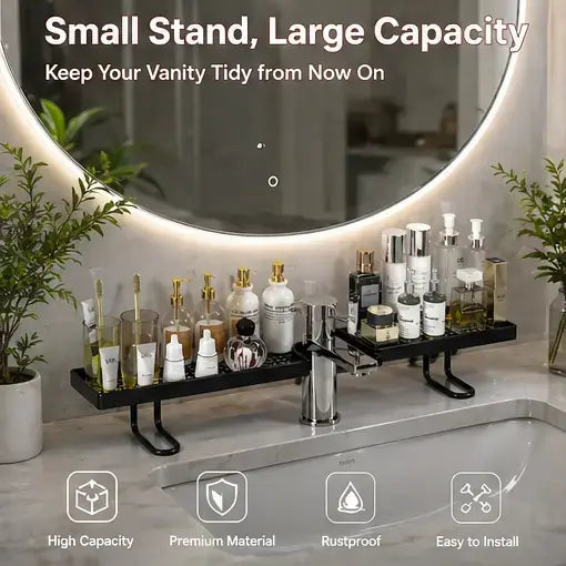 Minimalist Carbon Steel Bathroom Organizer, No-Drill Countertop Storage Rack for Skincare