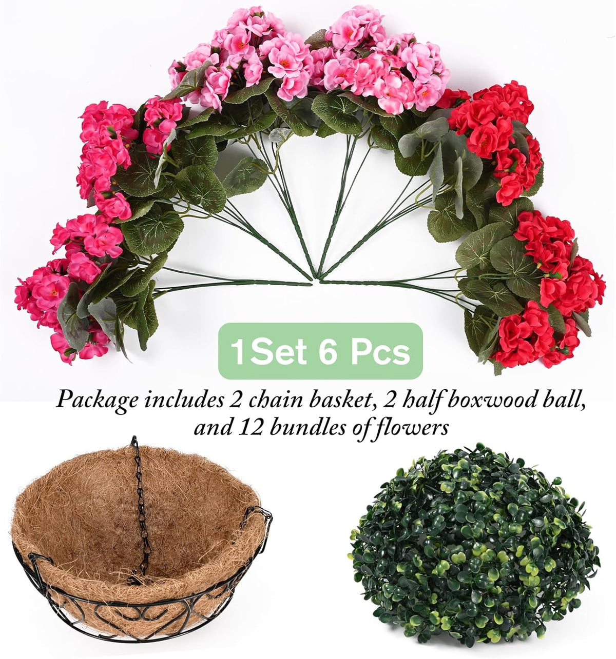 Waipfaru 2 Set Artificial Geraniums for Outdoors with Hanging Baskets, 12 Bundles UV Resistant Artificial Outdoor Plants, Fake Flowers for Spring Front Porch Home Patio Balcony Yard Decor, Mixing