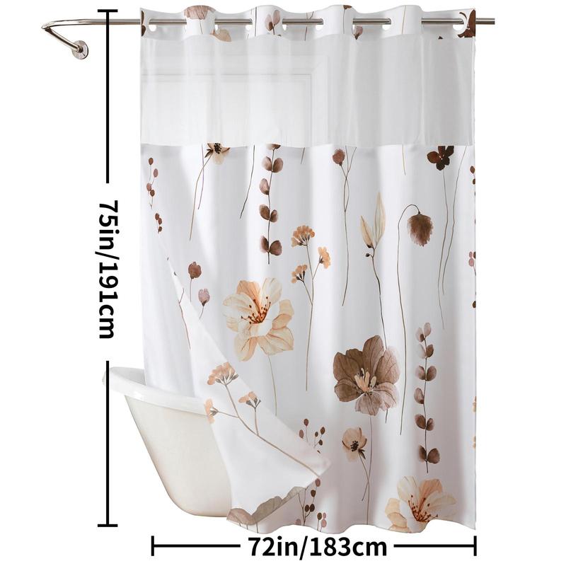 Ink and Wash Floral Double-Layer Shower Curtain, Hookless Country Style Decor, 72x75in