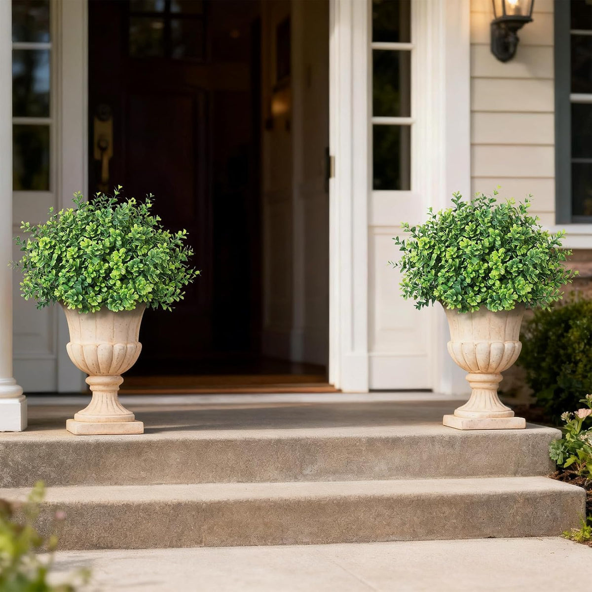 Set of 2 Artificial Boxwood Topiary Trees for Front Door - Faux Realistic Greenery Potted Plants, Fake Outdoor UV-Resistant Bushes with Pots for Porch, Farmhouse, Home, Garden Decor