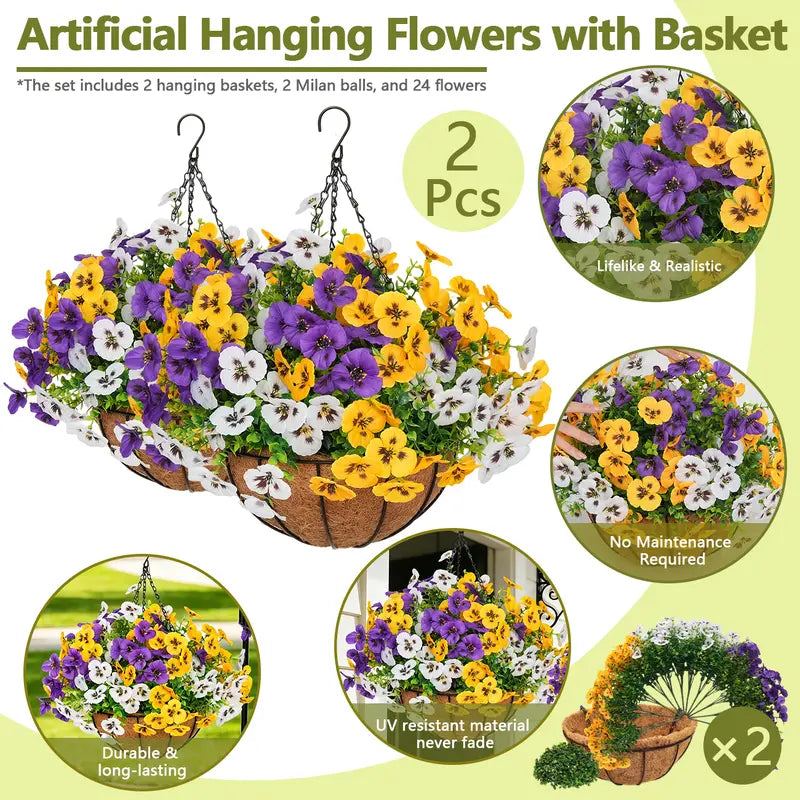 2 Pcs Autumn Pansy Artificial Hanging Flower Baskets for Front Porch, Garden and Patio Decor