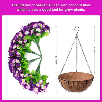 Artificial Hanging Flowers 12 inch Basket, Faux Silk Petunias Flower Arrangement, Coconut Lining Pot Planter with Morning Glories Patio Garden Porch Deck Spring Summer Decor (Purple Edge)