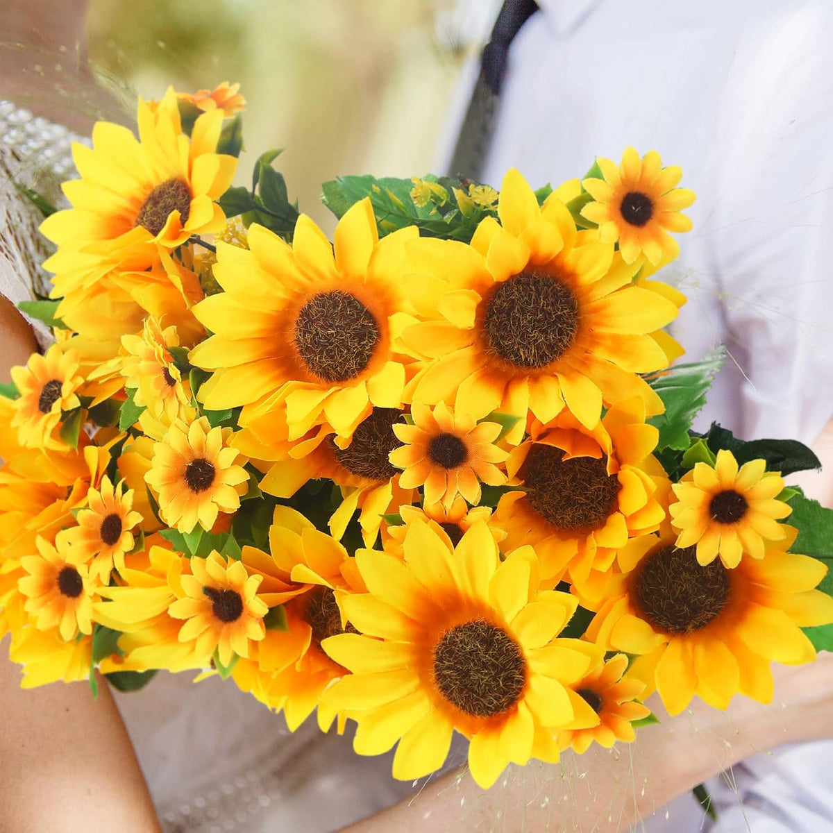 Redbaker 24 Bundles Sunflower Faux Mums for Outdoor Artificial Flower with Stems Bouquet Fake Plants Bulk UV Resistant Plastic No Fade Wedding Fall Garden Home Window Decor (Little Sunflower, Yellow)