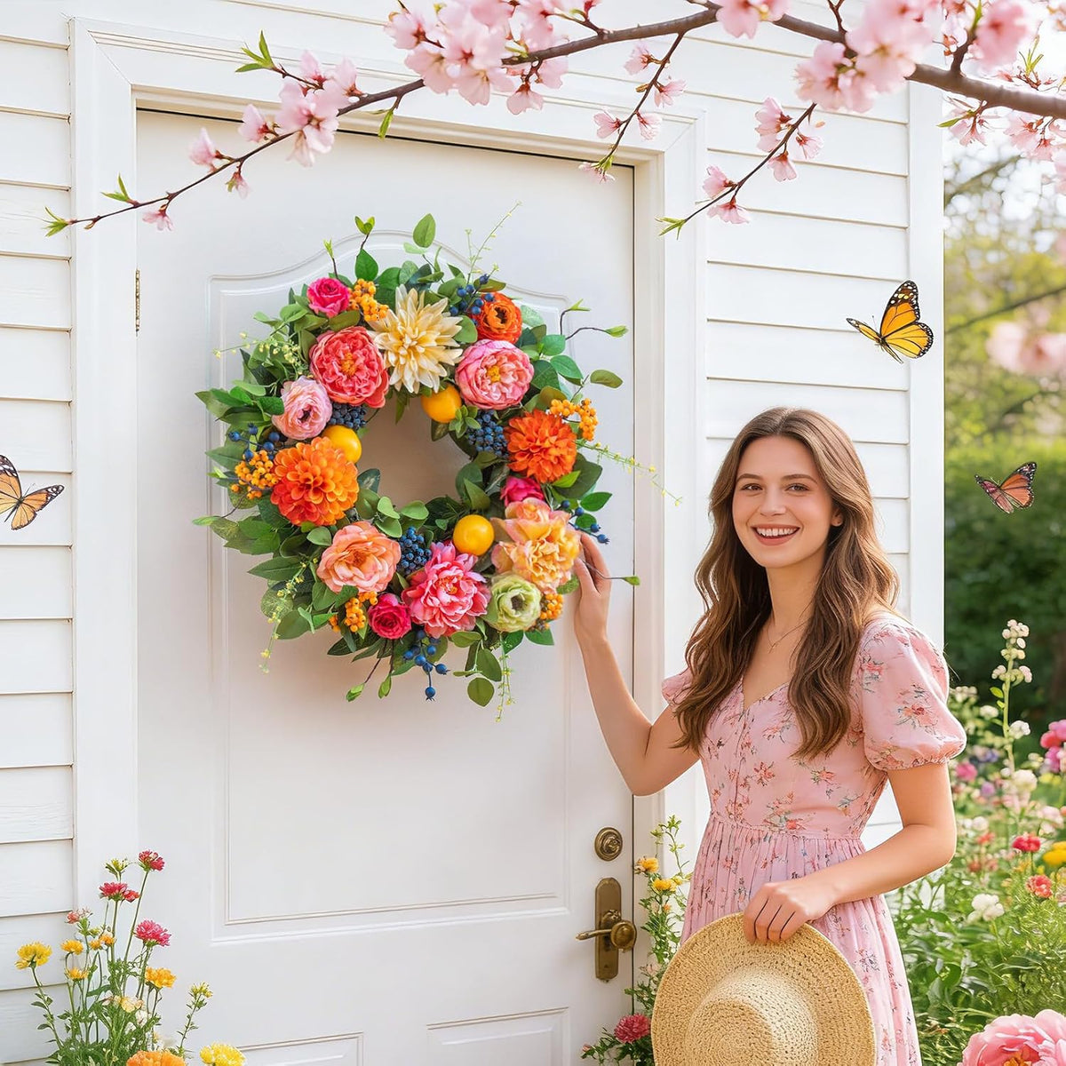 24 Inch Spring Wreath for Front Door - Peony, Dahlia, Hydrangea with Faux Lemons and Berries